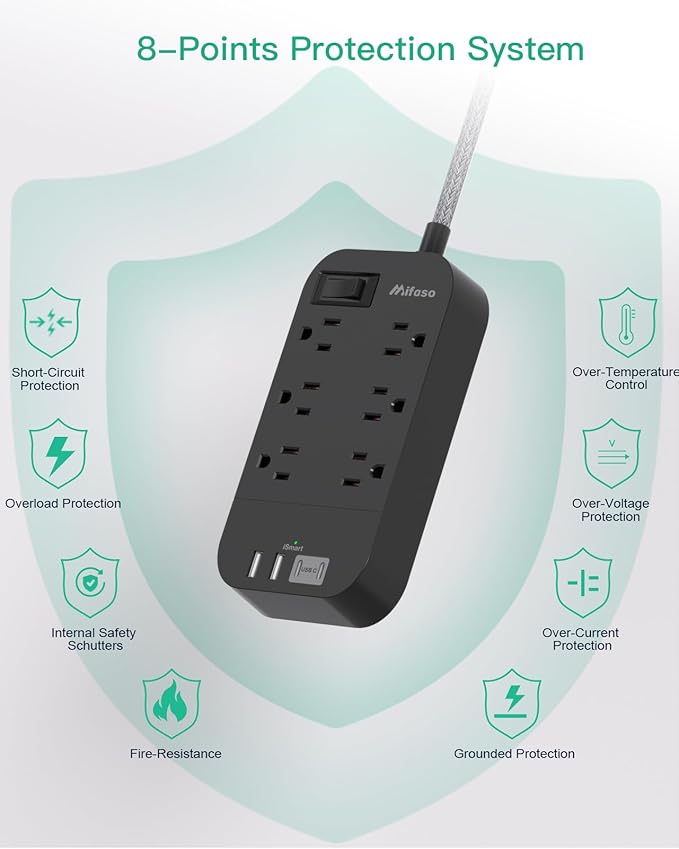 Extension Cord 5 FT, Flat Plug Power Strip, Long Extension Cord with Multiple Outlets with 6 Outlets 4 USB Ports(2 USB C), USB Power Strip for Home, Office, Dorm Room Essentials, College, Black
