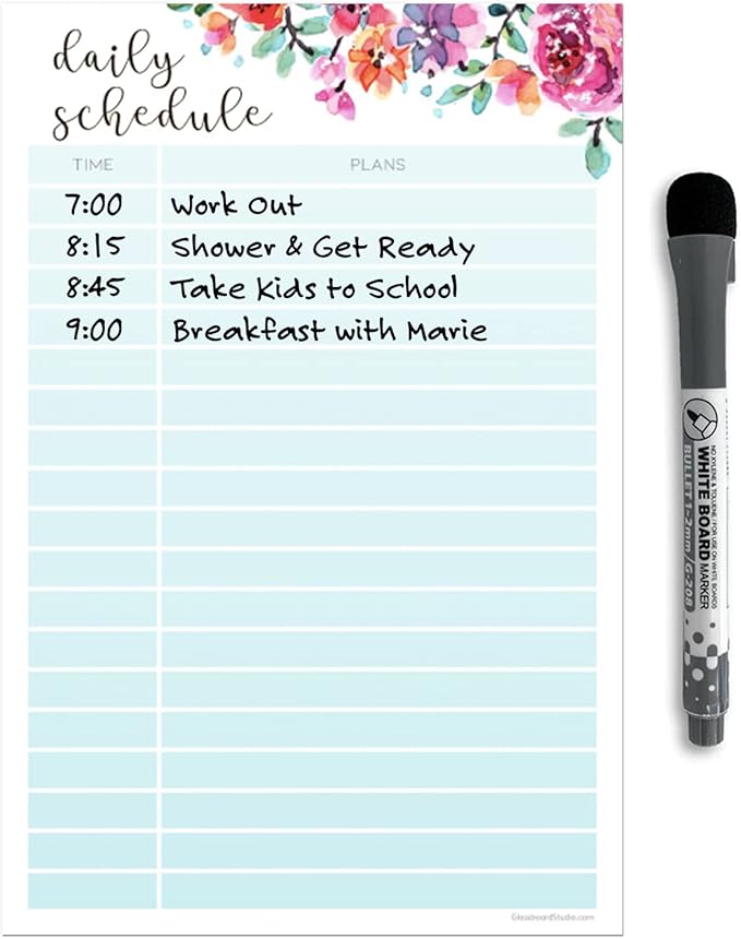 Dry Erase Daily Schedule Planner Sticker Decal by Glassboard Studio | Removable & Reusable | Magnetic Fine-Tip Marker Included (6 x 9 inches, Floral)
