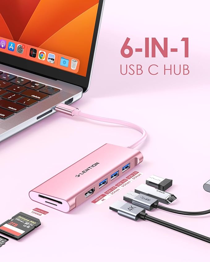 LENTION USB C Hub with 4K HDMI, 3 USB 3.0, SD/Micro SD 3.0 Card Reader, Compatible 2025-2018 MacBook Pro/Air, 2026 MacBook Neo, Mac, Surface, Chromebook, iPhone17/16/15 Pro Max, More (Rose Gold)