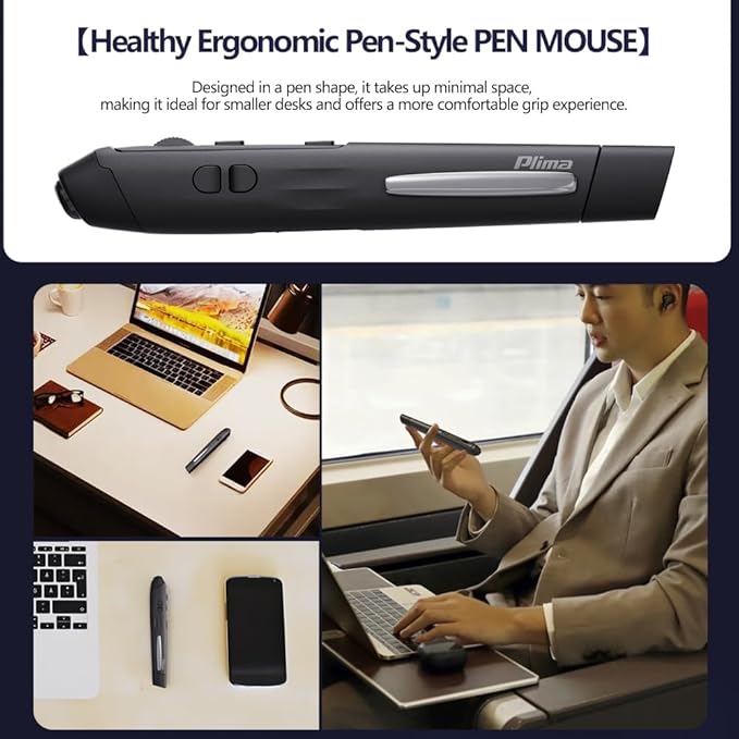 Plima Ergonomic Pen Mouse 2.0 - Dual Mode Bluetooth & 2.4G Wireless Optical Stylus Natural Pen-Tip Press-to-Click Design Pocket-Sized for Laptop, iWindows 7/8/10/11, Android, Linux, Mac OS(Black)