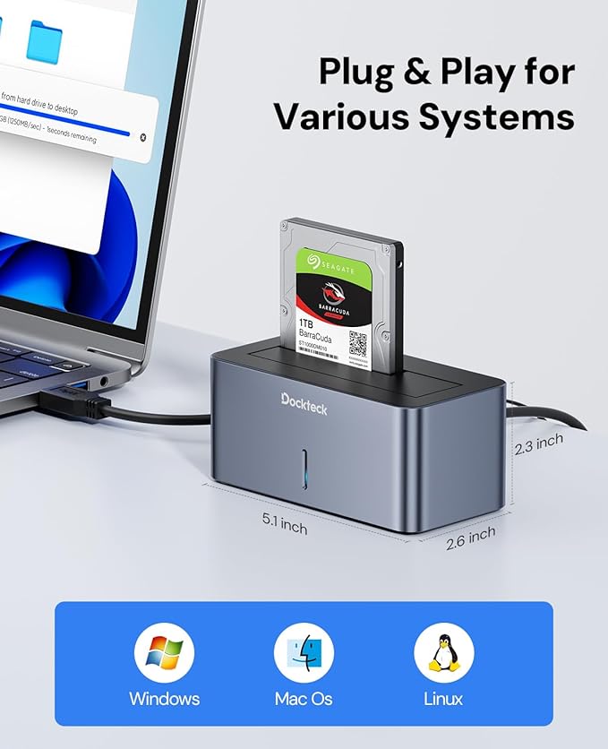 USB 3.0 to SATA External Hard Drive Docking Station, dockteck 2.5/3.5 Inch SATA HDD & SSD 5Gbps Aluminum Docking Station, Support UASP