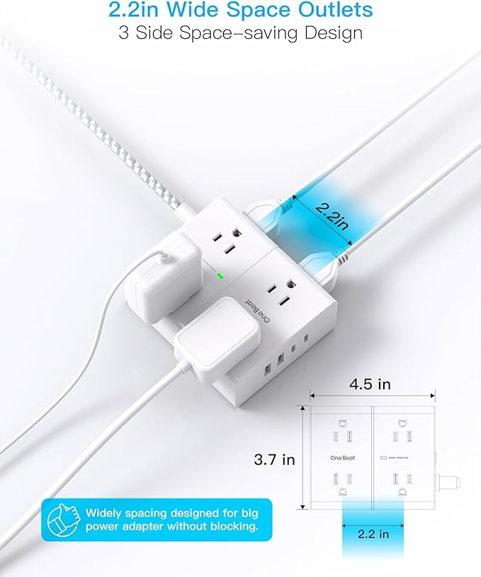 Surge Protector Power Strip 6 Ft Cord, Flat Extension Cord with 8 Outlets 4 USB Ports(2 USB C), 1080 J, Wall Plug Outlet Extender, Flat Plug Power Strip for Home Office Dorm Room Essentials