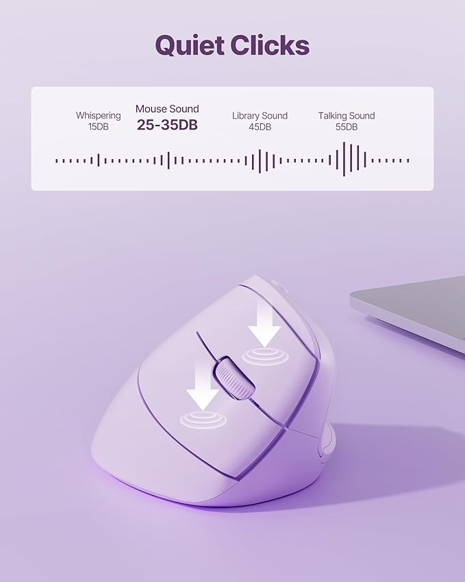 Ergonomic Mouse, USB+Bluetooth Dual Connection, Wireless Vertical Mouse for Reducing Wrist Pain, 1000/1600/2400 DPI, Ergo Mouse with Quiet Click for Windows Mac OS PC Computer Laptop, Purple