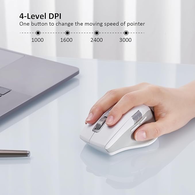 Wireless Side Scroll Mouse with Multi-Device, Ergonomic Computer Mice with Smart Flying Scroll, Quiet Click, 4-Level DPI for Computer, Laptop, iPad, Tablet, MacBook(White)