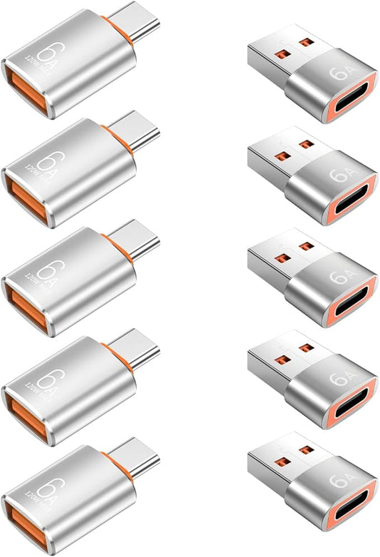10-Pack 10Gbps/120W USB C to USB Adapter & C Male to 3.1 Female Charger,Compatible with MacBook Pro/Air, iPhone 17 16 15 Pro Max/15 Plus/14 13 12 Samsung Galaxy S25/S24/S23/S22(Sliver)