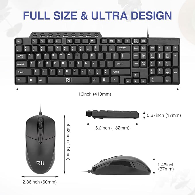 (10PACK) Wired Keyboard and Mouse,Rii RK203 Ultra Full Size Slim USB Basic Wired Keyboard Mouse Combo Set with Number Pad for Computer,Laptop,PC,Notebook,Windows