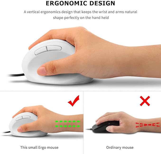 Wired Vertical Mouse, Ergonomic Optical USB Cord PC Gaming Mice 800-1200-1600 DPI Portable Silent Mause for Laptop Desktop Office Use (White)