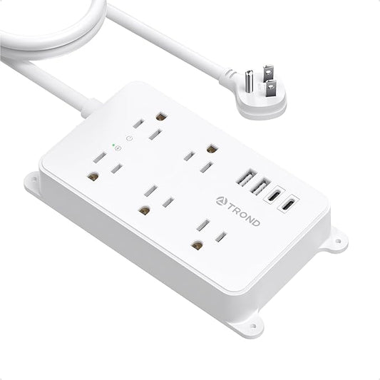 TROND Power Strip with USB, 10ft Extension Cord Surge Protector, 5 Widely Spaced Outlets with 4 USB Ports, ETL Listed, 1300J, Low-Profile Flat Plug, Wall Mountable, White