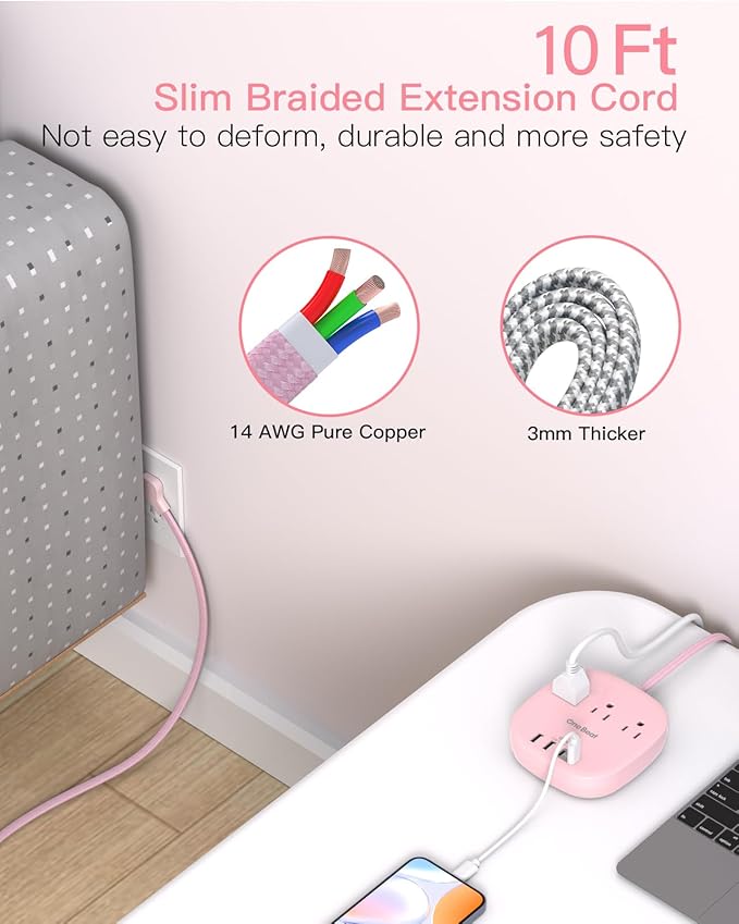 10Ft Flat Plug Power Strip, Pink Flat Extension Cord - 3 Outlets 4 USB Ports (2 USB C) Desktop Charging Station, Cruise Ship Power Strip with No Surge Protection for Travel, Dorm Room Essentials
