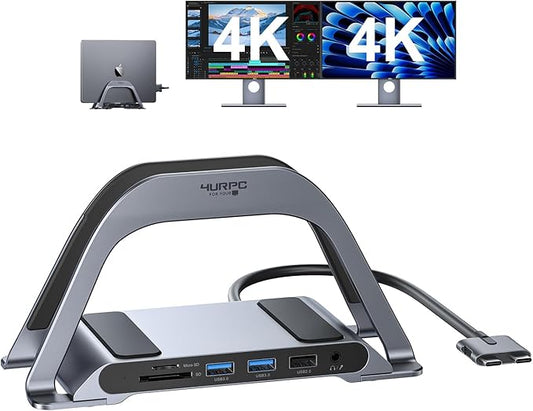 4URPC MacBook Pro Docking Station Dual Monitor 4K@60Hz with 100W Power Adapter, USB C Docking Station Vertical Stand for MacBook Pro/Air with 2 HDMI, USB 3.0, SD&microSD, Ethernet, Audio