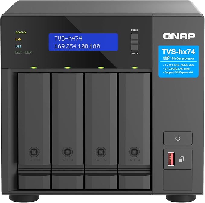 QNAP TVS-h474-PT-8G Intel Pentium Gold Processor, 8GB RAM, PCIe Gen 4 expandable NAS, Black, Rack Mount, Metal, Compatible with CPU