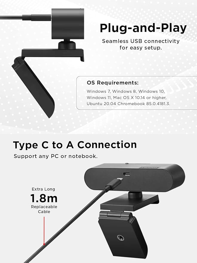 Lenovo Performance FHD 1080p Webcam USB-C,Log-on with Windows Hello, Dual Microphones, 95 Degree Lens and 4X Digital Zoom, Sliding Privacy Shutter, Black