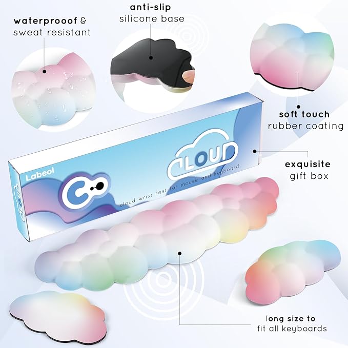 Cloud Wrist Rest for Computer Keyboard Arm Wrist Rest with Non-Slip Base Extended Wrist Rest Ergonomic Memory Foam for Keyboard and Mouse Typing Pain Relief, Office, Gaming, Computer