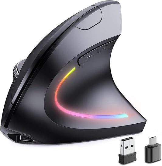 Bluetooth+USB A+USB C(3 in 1)Rechargeable Ergonomic Mouse, Wireless Vertical Design, 5 Adjustable Levels Up to 4800 DPI, 2.4G Carpal Tunnel Silent Mice for PC,Laptop,MacBook,Chromebook-Black