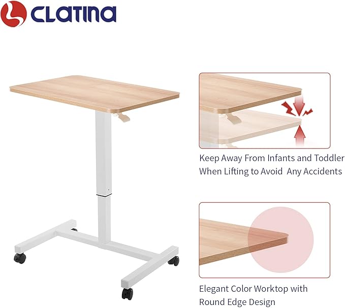CLATINA Mobile Laptop Desk Pneumatic Sit to Stand Table Height Adjustable Rolling Cart with Lockable Wheels for Home Office Computer Workstation 28" x 19" Beige Round Edge Design Elegant