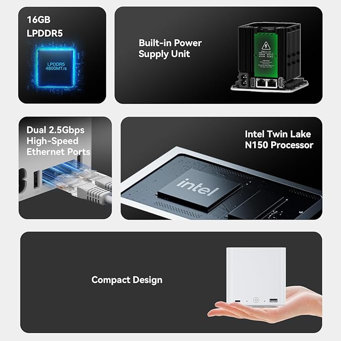 Beelink ME Mini PC, Desktop NAS Intel N150 16G LPDDR5, 1TB M.2 PCIe 3.0x1 SSD, 6 x M.2 SSD Slots, Dual 2.5G LAN/File Server/NAS Storage/Network Attached Storage/Private Cloud/Network Storage