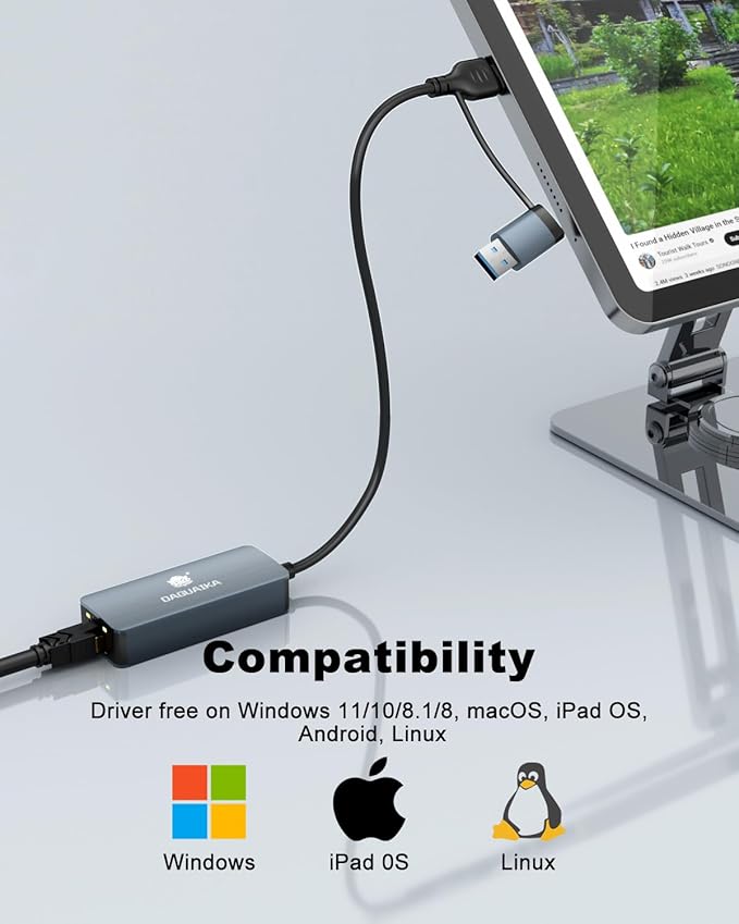 USB C to Ethernet Adapter 2.5G, 2-in-1 USB (Thunderbolt 4/3 Compatible) to RJ45 Laptop Network Internet Converter, Aluminum Portable, Compatible for NAS, MacBook Air/Pro, XPS, iPhone 15/16/17 Pro/Max