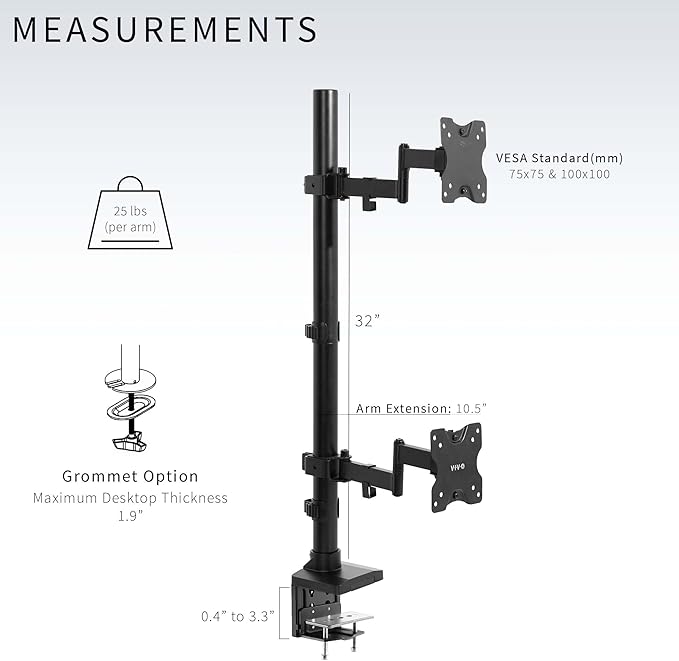 VIVO Dual Vertically Stacked Ultra-Wide Monitor Desk Mount with Extension Arms, Extra Tall Heavy Duty Adjustable Stand for 2 Ultrawide Screens up to 43 inches, 50 lbs Capacity, Black, STAND-V202T