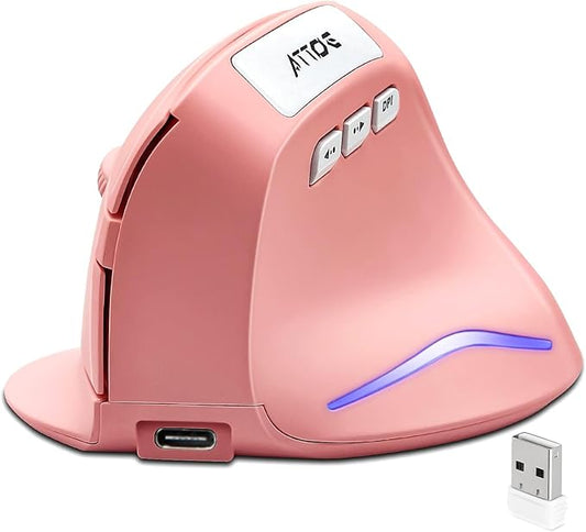 Wireless Vertical Ergonomic Optical Mouse, Pink Computer Mouse with 3 Adjustable DPI 1000/1600/ 2400, 5 Buttons for Laptop, Desktop, PC, MacBook