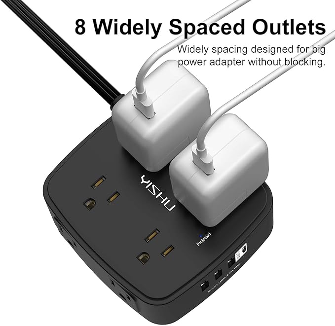 6 Ft Surge Protector Power Strip - YISHU 8 Widely Outlets with 4 USB Ports, 3 Side Outlet Extender with 6 Feet Flat Extension Cord, Ultra Flat Plug, Wall Mount, Desk USB Charging Station, ETL, Black