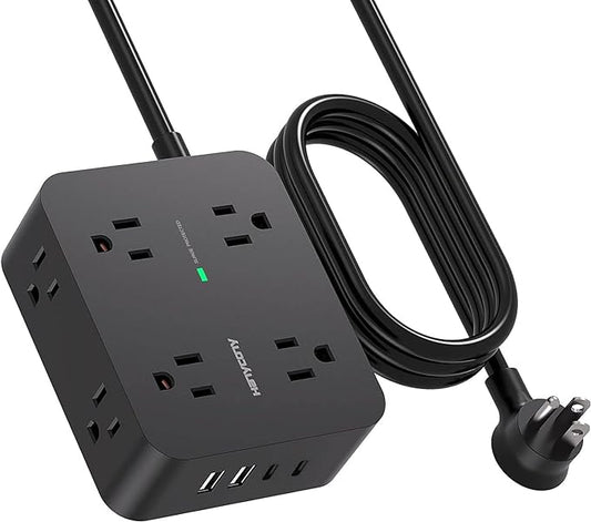 Surge Protector Power Strip 10 Ft Cord, HANYCONY Extension Cord with 2 USB C Ports, Multiple Outlet Extender with Flat Plug, Wall Mount for Home Office College Dorm Room Essentials Black