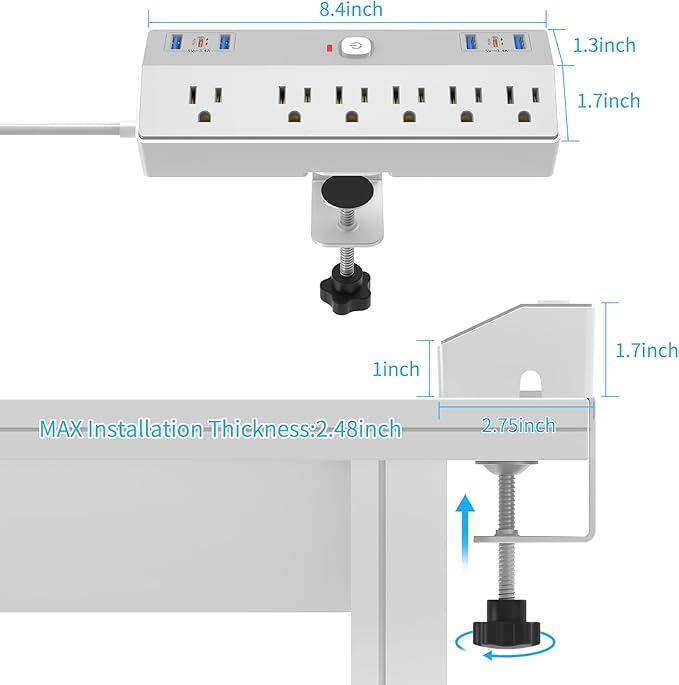 Desk Clamp Power Strip with 40W Fast Charging USB-C, JXGUCAT 10Ft Desk Mount Surge Protector with 6 Outlets 6 USB Ports, Flat Plug Extension Cord Home Office Essentials, Fit 2.48" Tabletop Edge