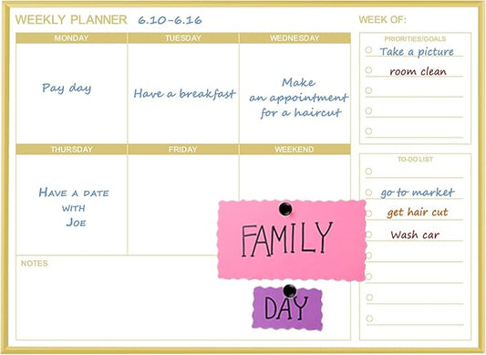Dry Erase White Board Weekly Calendar Board, Magnetic Whiteboard for Wall,Gold Aluminum Frame Message Board,Horizontal,10.5“x14.5, Planner Board for Office, Home, Schooll(Weekly-BB-Gold-2737-L)