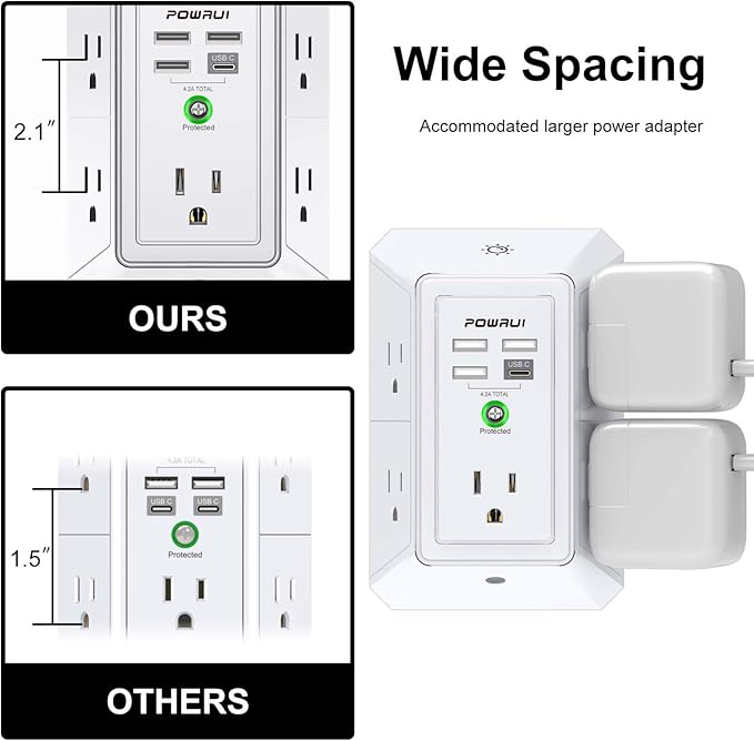 3-Sided Outlet Extender with Night Light - POWRUI Multi Plug Outlet with 5 Outlets and 4 USB Ports(1 USB-C), USB Wall Charger for Home, Office, Travel, ETL Listed, White