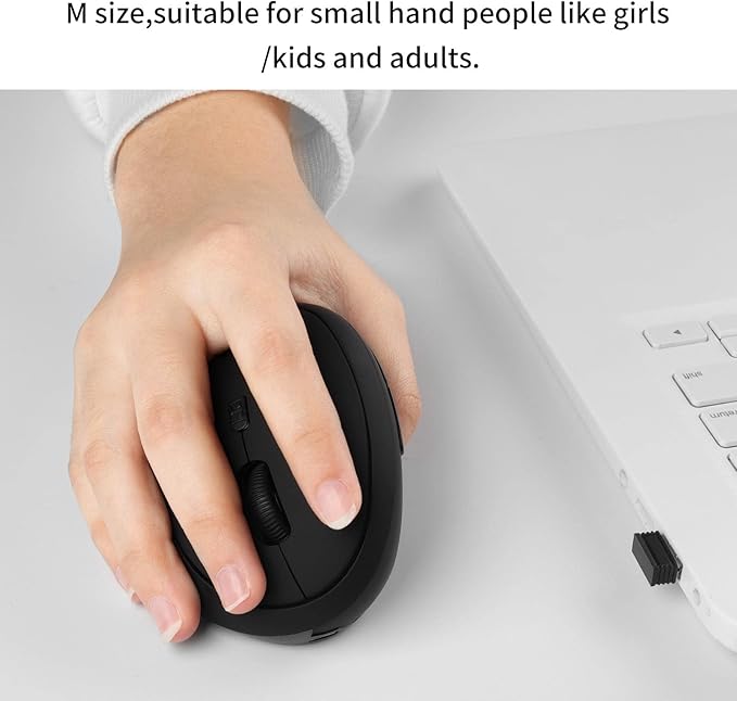 YOCUNKER USB Rechargeable Vertical Mouse 2.4GHz Wireless M Size for Small Hands, Ergonomic Optical Low Noise 6 Buttons, Reduce Wrist Strain, for MacBook/PC/Laptop/Desktop/Windows,Black