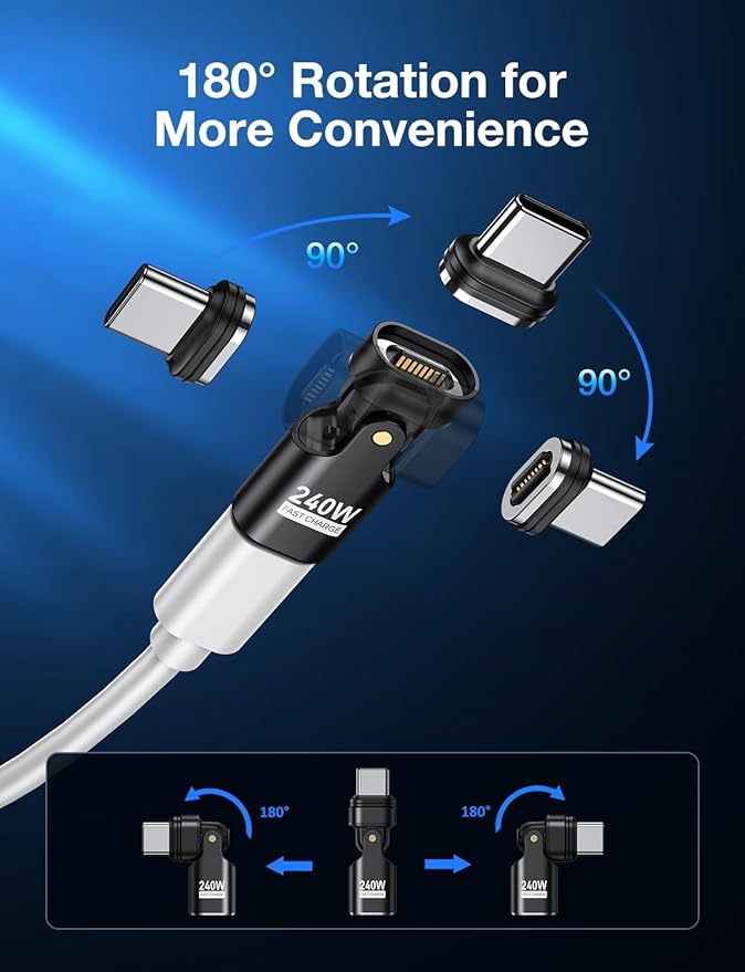 AUFU 16PIN 240W USB C Magnetic Adapter(2Pack)/180° Rotation USB C Right Angle Adapter/90 Degree C Adapters/Type C Magnetic for 1Phone 16/15/Ma-Book/1Pad Series, Samsung Galaxy, Google Pixel, Laptop
