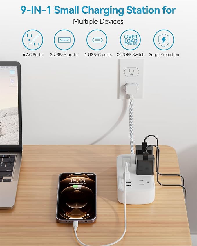 Short Extension Cord 1 ft - Flat Plug Small Power Strip Surge Protetor with 6 Outlets 3 USB (5V/3.4A 17W) Charging Ports, Multi Plug Wall Outlet Splitter for Home Office Dorm Roomc, White