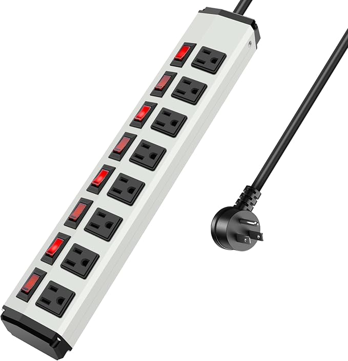 8 Outlet Metal Power Strip with Individual Switches,Heavy Duty Appliance Power Strip with Flat Plug,1200J Surge Protector,6FT Extension Cord 15A 120V 1800W for Home Office School Shop Industrial