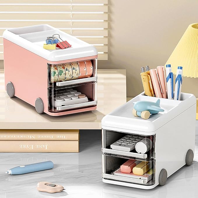 LETURE Cute Desk Organizer with drawers, Plastic Desktop Storage for Business Card/Pen/Pencil/Mobile Phone/Stationery Holder Box, Desktop Organizer for Office School Home (White)