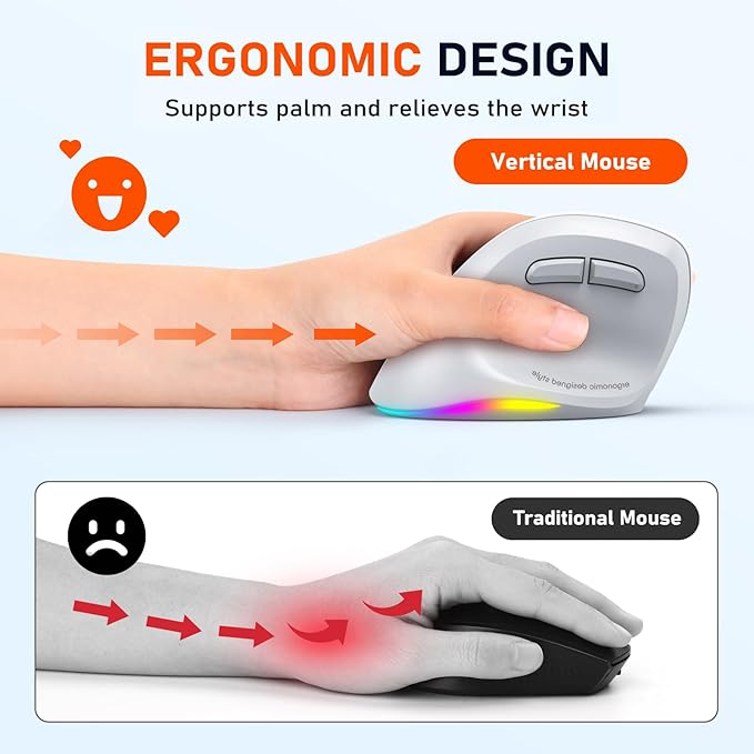 MEETION Left-Handed Mouse, Ergonomic Mouse Wireless Vertical Mouse, RGB Mice for Bluetooth(5.2 + 3.0) & USB-A with Type-c Adapter 4 Adjustable DPI for Mac/Windows/PC/Tablet/iPad Gray