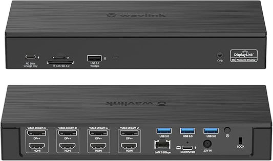 WAVLINK DisplayLink Laptop Docking Station - Quad Monitor 5K/4K@60Hz, 100W Charging - Thunderbolt 4/3, USB-C/A - M1-M5 Mac/Windows/Chrome/Ubuntu - 4 HDMI, 4 DP, 180W Power, SD 4.0 CR, 2.5Gbps LAN
