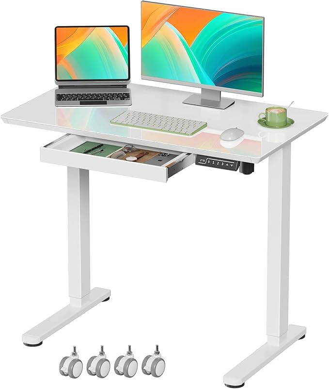 Glass Standing Desk with Drawer, 35×20Inch Whole Piece Height Adjustable Rising Desk, Electric Sit Stand Desk with Wheels, Small Computer Desk, White