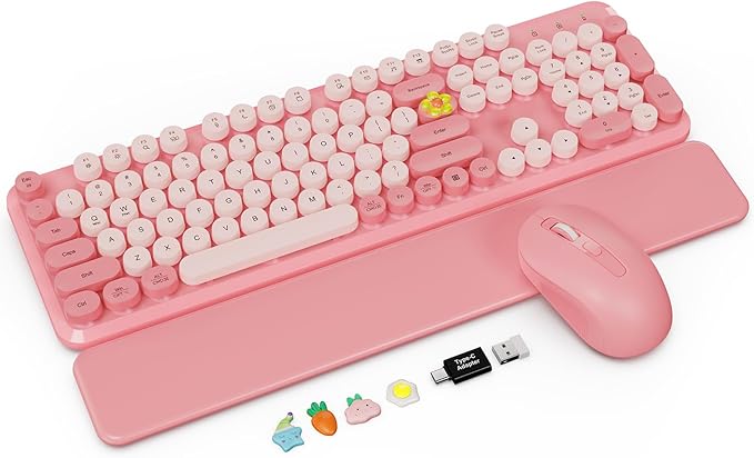 Wireless Keyboard and Mouse Combo with Detachable Magnetic Wrist Rest, Retro Typewriter-Style Keyboard, Round Keycaps, Adjustable Legs, 3-Level DPI Mouse, 2.4GHz for Windows PC/Laptop (Blush Pink)