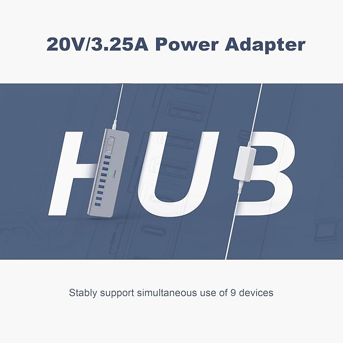 Powered USB Hub 10Gbps, intpw YH9AC 12-Port USB Splitter with USB A/USB C 3.2, 4 USB 3.0, 2 PD 45W Charging Ports, 65W Power Adapter + 3.3FT Cable, Aluminum USB Extender Hub for Laptop/PC/iPhone 16/15
