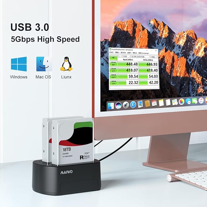 MAIWO External Hard Drive Docking Station with Offline Clone for 2.5/3.5" SATA HDD/SSD, 5Gbps with UASP, 48TB Capacity, Dual Bay USB 3.0 to SATA Adapter Duplicator