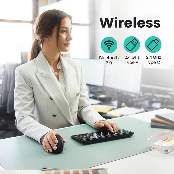 Perixx PERIMICE-819B Bluetooth Portable Vertical Mouse - Wireless 3-in-1 Multi-Device Spec - Silent-Click - Portable Compact Size - Black - Right Handed