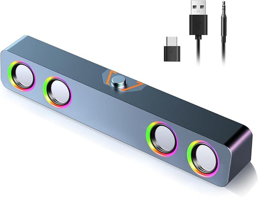 Elimavi Computer Speakers for Desktop PC, 2.0-Channel Speakers with Static LED Lighting and Volume Control, Featuring a 3.5mm Input and USB Powered Plug and Play, Compatible with Monitors, laptops