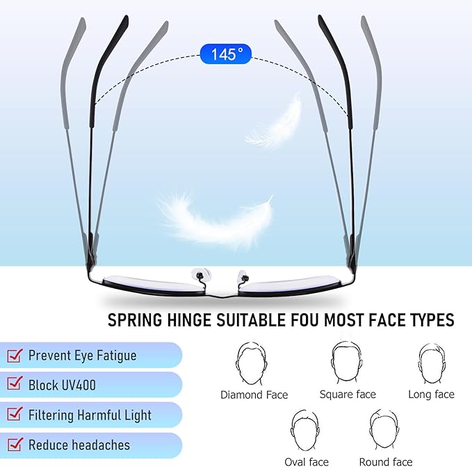 Blue Light Blocking Glasses, Lightweight Metal Half Frame Computer Reading/Gaming/TV/Phones Glasses,Filter UV Ray/Computer Glare with Spring Hinge Eyeglasses(Black+Gray)