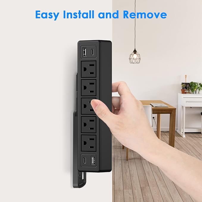 40W Under Desk Power Strip Mountable,20W USB-C Fast Charging Flat Plug Power Strip Surge Protector 1200J,9 in 1 Desk Outlet,5 Outlets,2 USB-C,2 USB-A,10FT Extension Cord Black