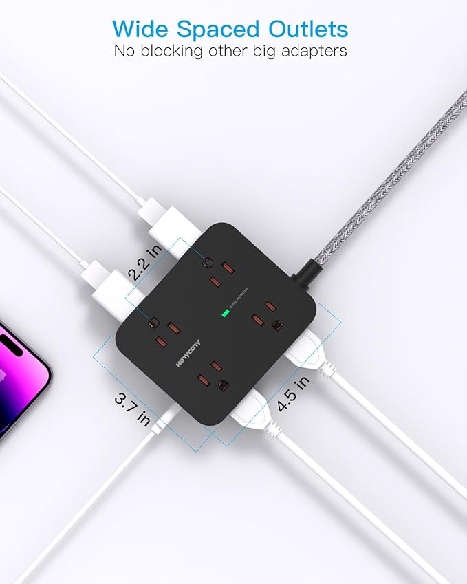 Extension Cord 20 Ft, HANYCONY Power Strip Surge Protector with 8 Outlets 4 USB Ports(2 USB C), Long Cord, Flat Plug, Wall Mount, Desk USB Charging Station for Home Office Essentials