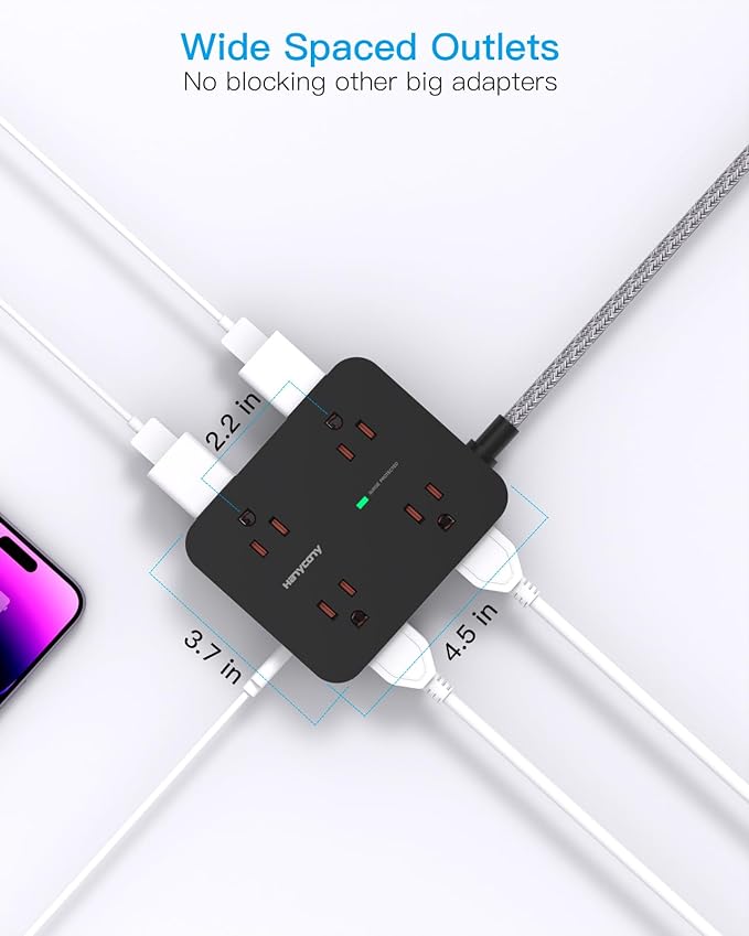Power Strip Surge Protector 10 Ft Cord, HANYCONY Extension Cord Flat Plug with 8 Outlets 4 USB Ports(2 USB C), Wall Mount, Desk Charging Sation for Home Offcie