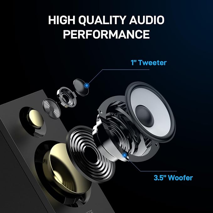Powered Bookshelf Speakers HiFi Computer Gaming Monitors with Bluetooth 5.3 & 24-Bit USB DAC Stereo Speaker PC Speakers 3.5" Woofer,1" Silk Dome Tweeter, Adjustable Bass/Treble BT16-Black