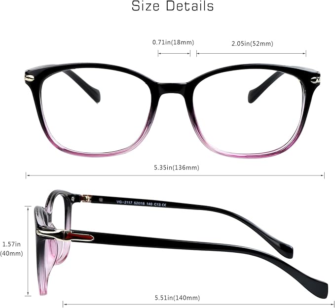 VisionGlobal Blue Light Blocking Glasses for Women Men, Stylish Square Frame (Black Purple,No Magnification)