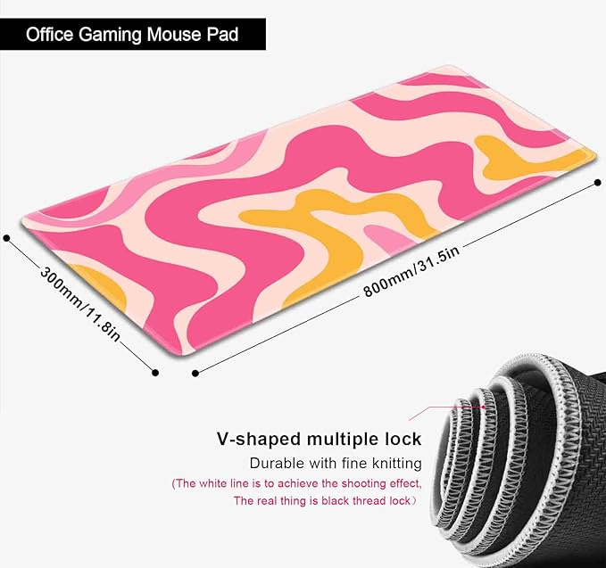 Pink Abstract Wave Desk Pads, Swirl Pattern Boho Large Gaming Mouse Pad, Extra Large Mousepad, Aesthetic Desktop Mat for Laptop Work Home Decor, Non-Slip Rubber Computer Pad, 31.5 X 11.8 in