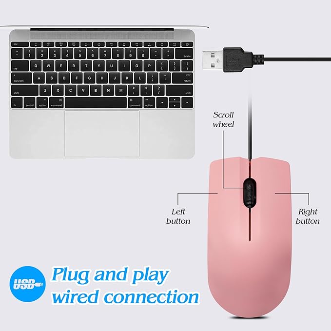 Guiheng Wired mini Mouse, USB Wired Computer Mice for Right or Left Hand, Ergonomic Computer Mouse with Durable Clicks for PC, Computer, Laptop, Desktop, Chromebook, Notebook, Mac (Pink)