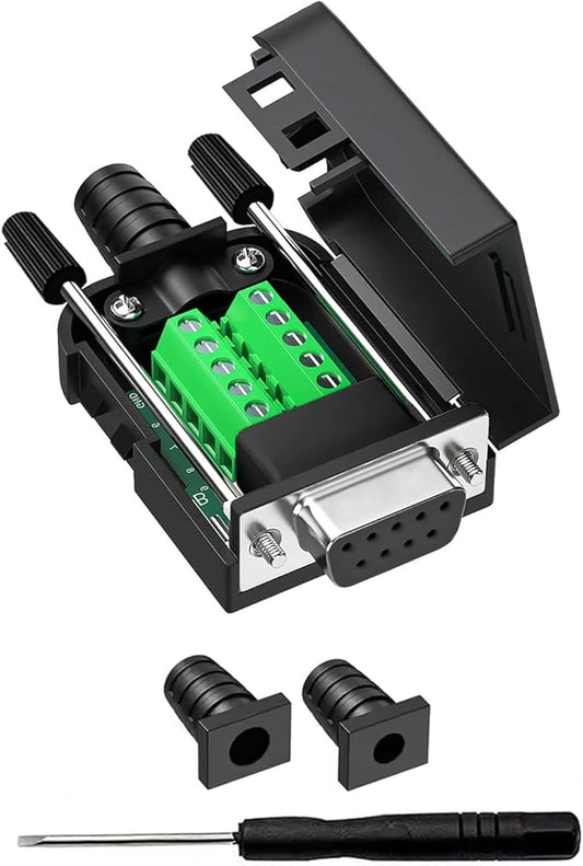 DB9 Female Breakout Connector, 9PIN Port Solderless RS232 D-SUB RS485 Serial Adapter, Solderless Module Board with Screw Terminals, Case, Long Bolts
